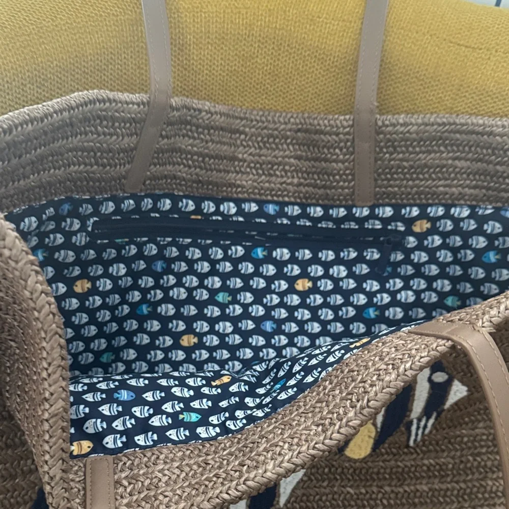 Vera Bradley Brown Tote Beach Bag with Fish Embroidery - Picture 3 of 3